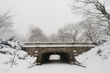 Central Park snow. Historic architecture in New York City Central Park. Beautiful bow bridge in Manhattan Central Park with snow flakes. Winter in NYC. Blizzard in New York City. 