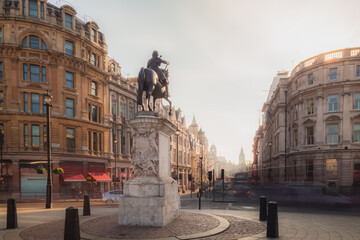 A view of the Equestrian Statue of Charles I from Trafalgar Square in Central London city, England...