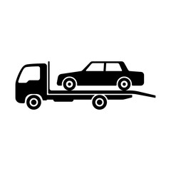Car tow truck icon. Black silhouette. Side view. Vector flat graphic illustration. The isolated object on a white background. Isolate.