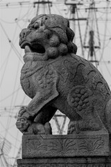 Russia, St. Petersburg, January 2021. Chinese lion on the Petrovskaya embankment.
