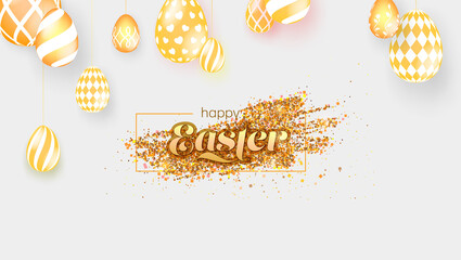 Easter greetings banner. Hanging Easter eggs with patterns. Vector 3d illustration.