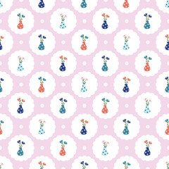 Pink Polka Dot Seamless Pattern with Flowers in