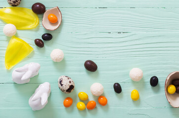 Easter background with chocolate eggs and candies