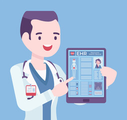 Electronic health record, EHR digital patient tablet chart, male doctor. Young man holding device with clinical data, medical and treatment history application. Vector creative stylized illustration