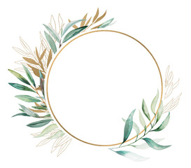 Watercolor Olive branch gold frame illustration