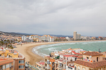 Fototapeta premium A view of the old town of Peniscola, Spain, an historical coastal town characterised by it white wash homes and architecture. Taken from Penisola Castle