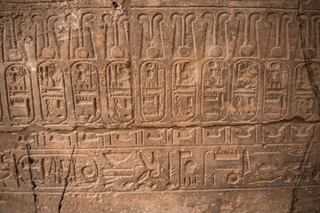ancient Egyptian hieroglyphs on a wall in the Karnak Temple of Luxor