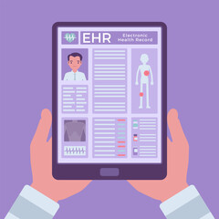 Electronic health record, EHR digital patient chart, tablet in hands. Screen with medical history, diagnoses, treatment plans, images, laboratory test results. Vector creative stylized illustration
