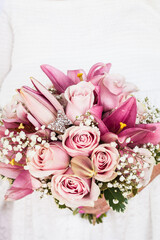 Wedding flower bouquet dark and light pink roses and assorted flower with  butter fly pin 