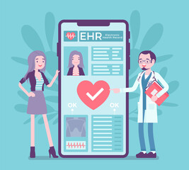 Electronic health record, EHR digital patient chart via smartphone. Male doctor reading medical, treatment history, clinical data of young woman, healthcare app. Vector creative stylized illustration