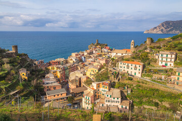 The village of Vernazza, a popular seaside tourist destination that makes up one of the five villages that make up Cinque Terre on the Ligurian coast.