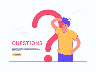 Young doubting man standing near big question symbol on white background. Flat modern concept vector illustration of people who has questions so needs qualified help, support or consultation
