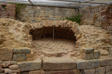 Detail of the ruins of Abbey of San Rabano, Alberese, Italy. Old furnace with collapsed bricks....