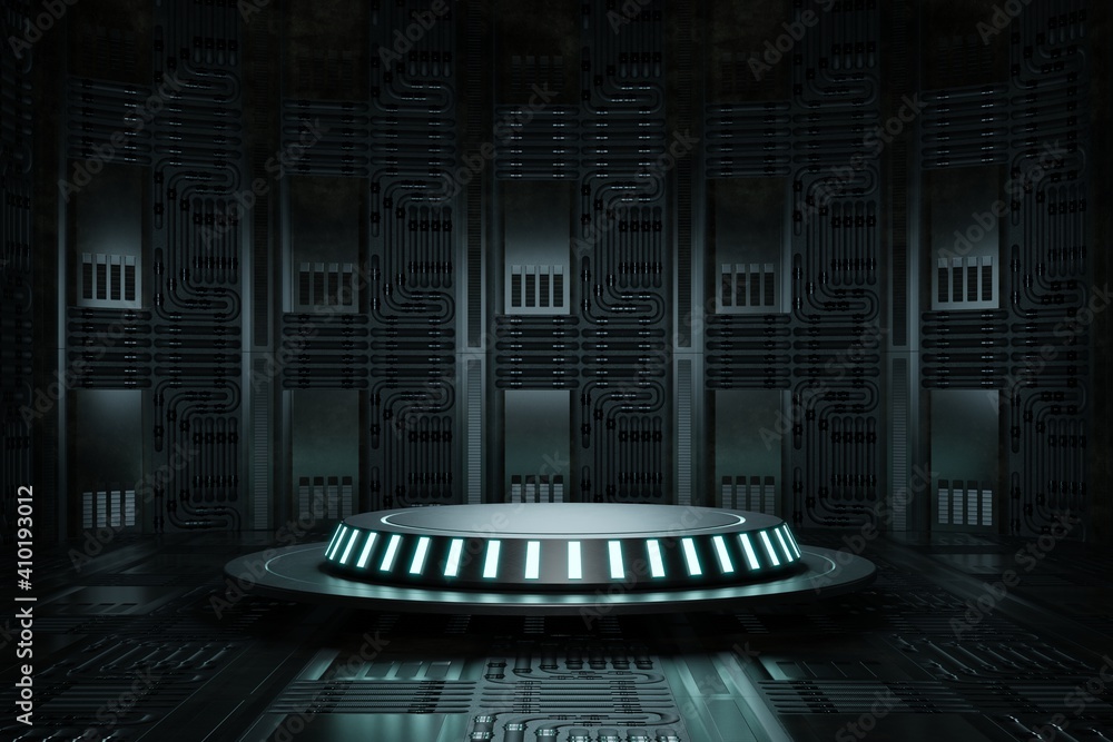 Aufkleber high-tech product podium platform studio in spaceship with electric wire lamp and engine background.