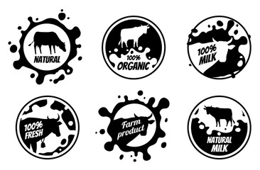 Dairy vintage logos, milk badges, cheese packaging labels with farm animal. Dairy badge of set, fresh milk product label and badge illustration.