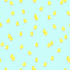 Happy chicken seamless pattern. Farm Animals, Rooster, Hen, Bio Eggs, Coop, Chicks, Nest, Eco Village. Isolated elements. Stock illustration. Hand painted in watercolor.