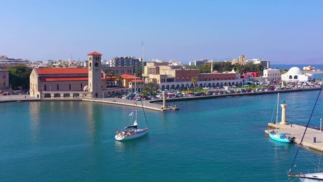 Aerial birds eye view video taken by drone of Rhodes island port.