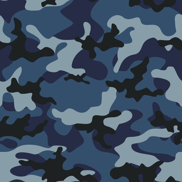 Blue army camouflage, military texture seamless pattern on textiles.