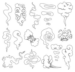 Cartoon smoke and dust clouds. Comic puff and steam set. Comic white stench aroma or smell illustration.