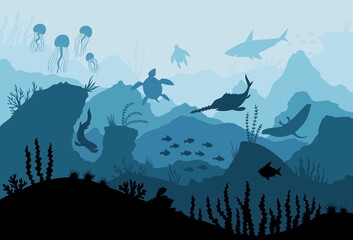Fototapeta premium Underwater ocean fauna. Deep sea plants, fishes and animals. Marine seaweed, fish under water and animal silhouette with corals, algae seaweed cartoon background illustration.