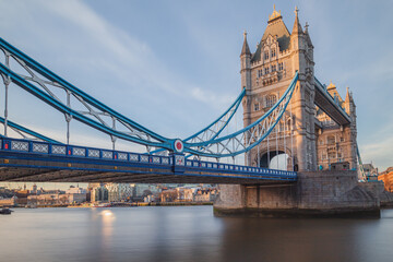 The iconic Tower Bridge on the Thames on a sunny spring afternoon in London, England.