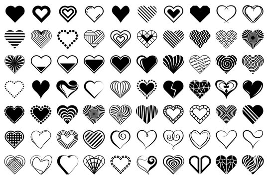 Hearts. Stilyzed black hearts set, isolated on white background. Symbols, signs flat icons. Love, valentine icon collection. 
