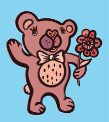 Teddy bear toy with a bow giving a flower, simple cute vector character.