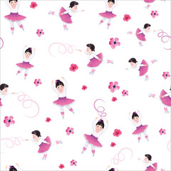 seamless pattern with dancing girls, watercolor drawing, white and pink color, girly ornament
