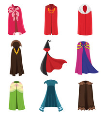 Cloaks party clothing and capes costume set. Outdoor fabric, over garment flat style cartoon illustration isolated on white background.