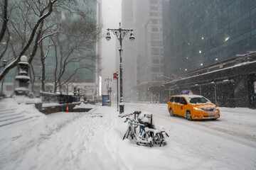 Snow storm on East Coast, New York City. Manhattan During Nor'easter Blizzard