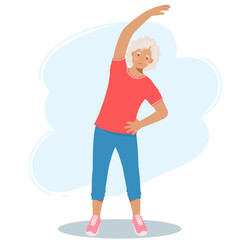 Elderly woman in sports clothes does exercises. Retired grandmother, a pension and a healthy lifestyle.