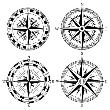 Wind rose retro design collection. Vintage nautical or marine wind rose and compass icons set, for travel, navigation design