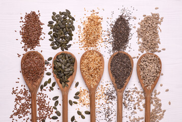 Healthy seeds - sesame, flax seed, sunflower seeds, pumpkin seed, chia in wooden spoons on a white background. Top view	