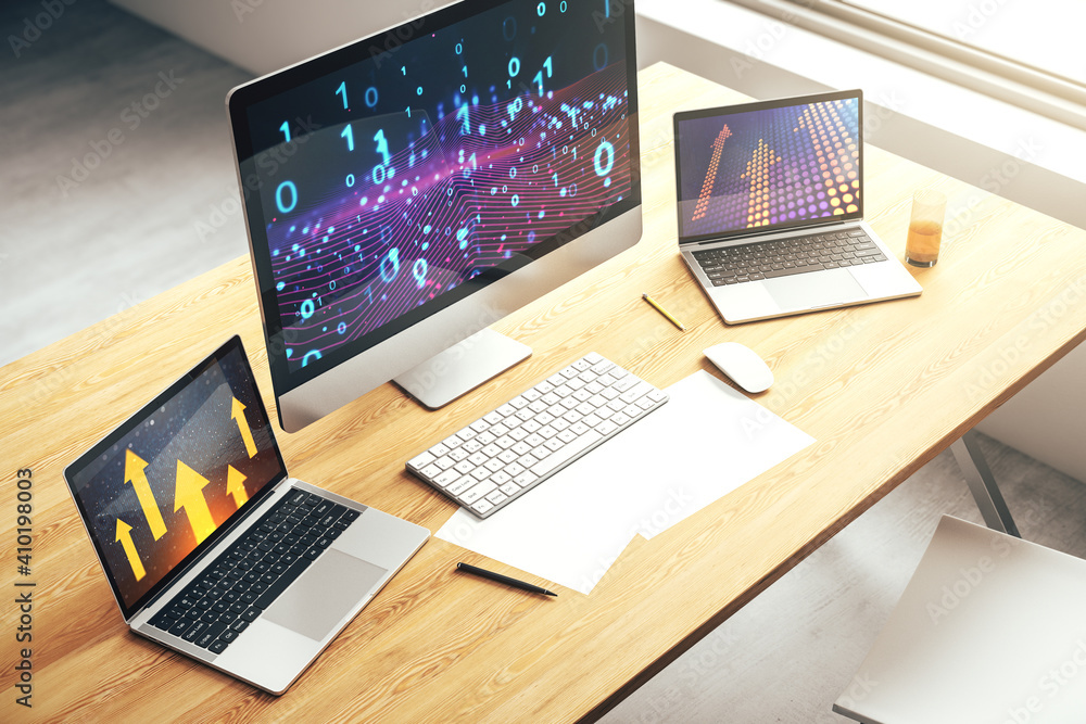 Poster creative concept of binary code illustration on modern laptop screen. big data and coding concept. 3
