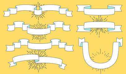 Set of old vintage ribbon banners and drawing in engraving style. Ivitation design element with sunburst. Illustration