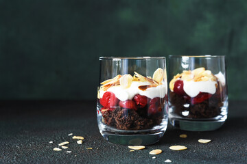 Dessert black forest with cherries in a glass. Traditional German dessert.