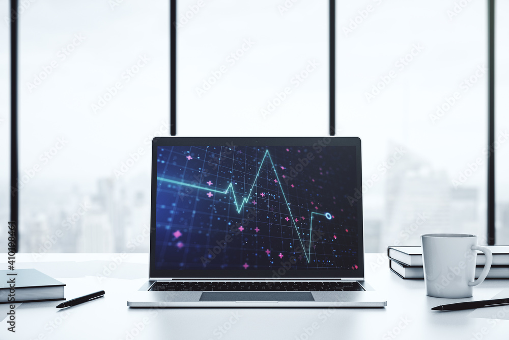Poster modern computer monitor with creative abstract heart rate hologram. healthcare technolody concept. 3