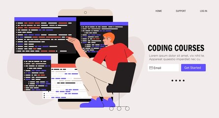 Programmer working on web development on computer. Concept of script coding and programming in python, javascript, PHP, HTML, CSS. Mobile app and computer software developing courses banner.