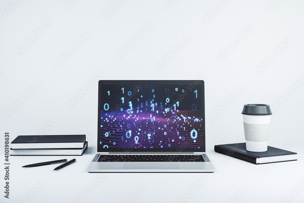 Poster creative concept of binary code illustration on modern laptop screen. big data and coding concept. 3