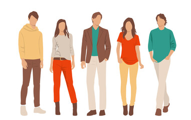 Fototapeta premium Set of young men and women, different colors, cartoon character, group of silhouettes of standing business people, students, the design concept of flat icon, isolated on white background