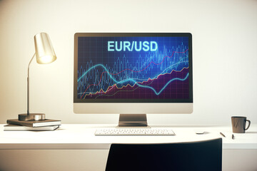 Creative EURO USD forex graph sketch on modern laptop monitor, strategy and forecast concept. 3D Rendering