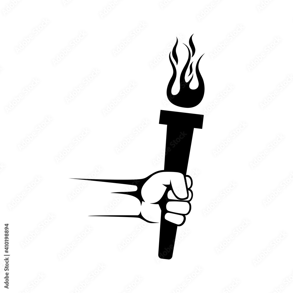 Poster hand with flaming torch icon isolated on white background