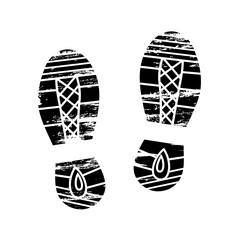 Footprints and shoeprints icon in black and white showing bare feet and the imprint of the soles with patterns of male and female footwear. Shoes boots imprint
