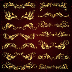 set of calligraphic elements for design and page decoration in gold