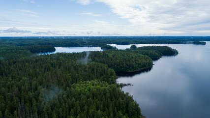 Summer nature landscape aerial panorama. Morning fog over dark forest