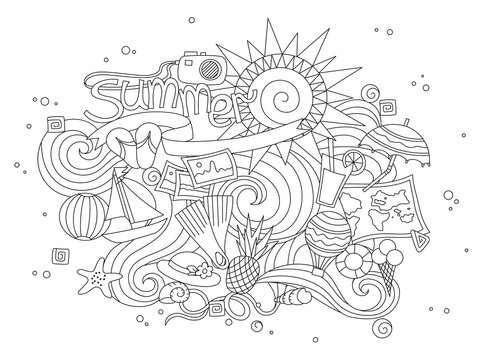 Hand drawn illustration set of summer doodles elements