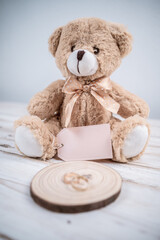 Valentines day teddy bear on white table and white background
