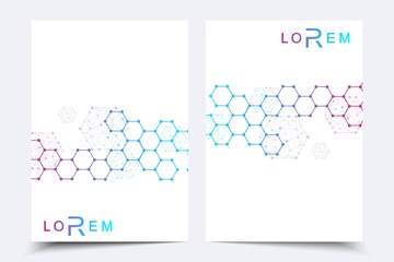 Scientific brochure design template. Vector flyer layout, Molecular structure with connected lines and dots. Scientific pattern atom DNA with elements for magazine, leaflet, cover, poster design.