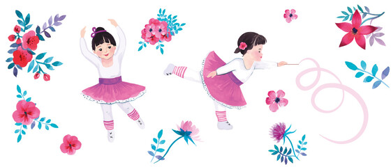 dancing girls, ballet, gymnastics, watercolor, a set of drawings for design,flowers, vector, cut from the background, for design
