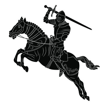 A knight in medieval armor on horseback with a sword in his hands prepares to strike. Figure isolated on white background.